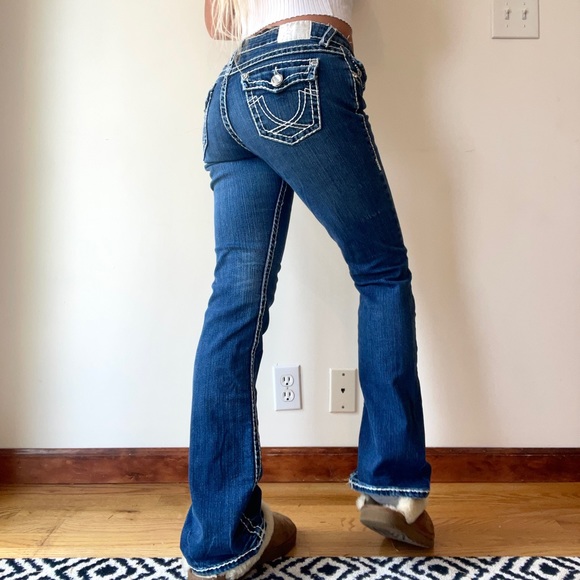 Vintage Y2K Rhinestone Low Rise Contrast Stitch Jeans Bootcut Mini Flare - Picture 4 of 7